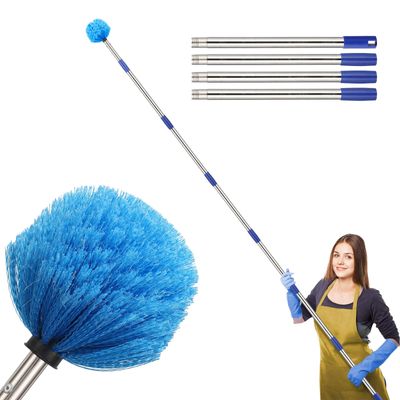 Cobweb Duster with Extension Pole, 10 FT Long Duster for High Ceilings, Walls, Medium Stiff Bristles Cobweb Brush with Lightweight Stainless Steel Pole for Outdoor Indoor Cleaning