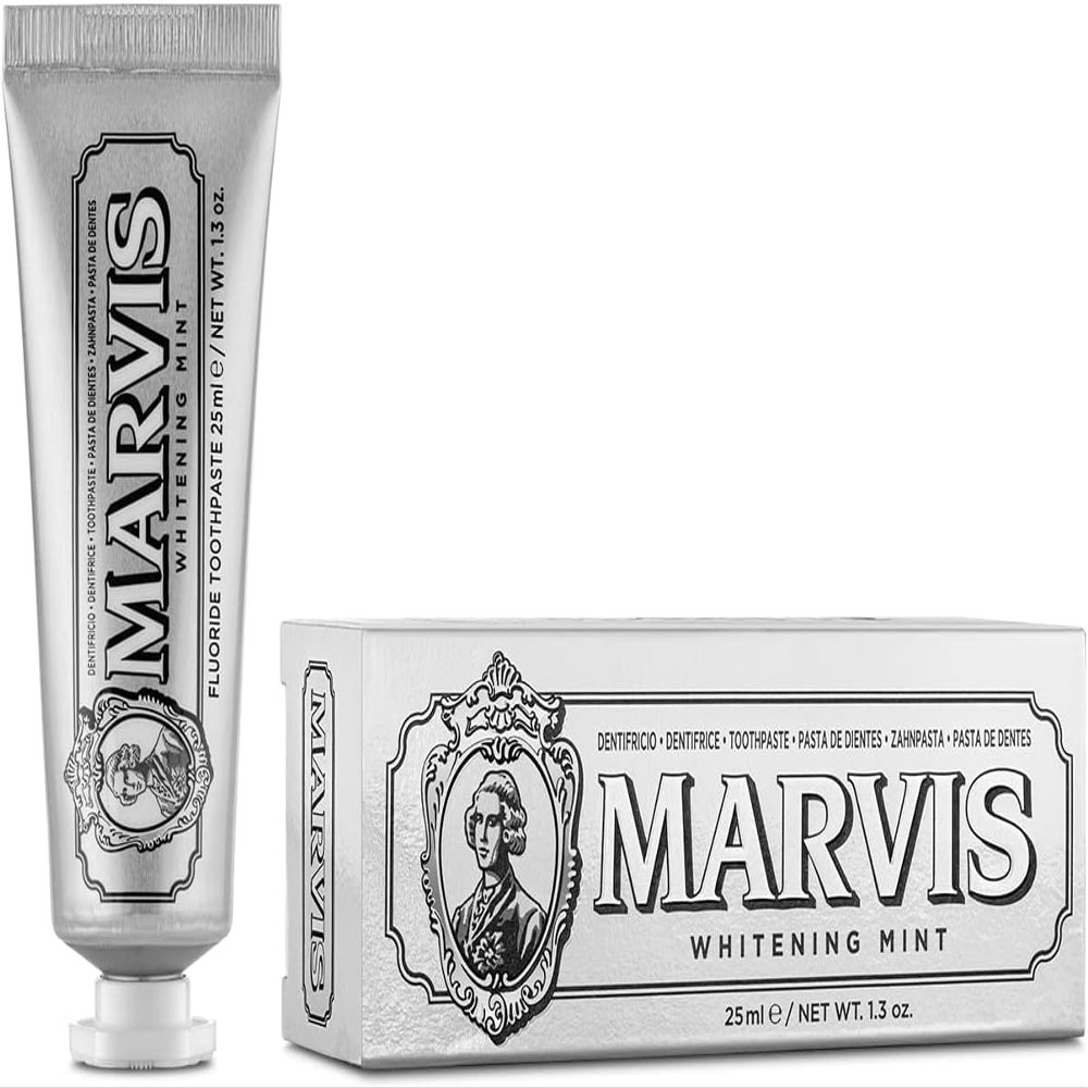 Marvis Whitening Mint Travel Size Toothpaste, 25 ml, Promotes The Natural Whitening of The Teeth, Plaque Removal Toothpaste, Long-Lasting Freshness