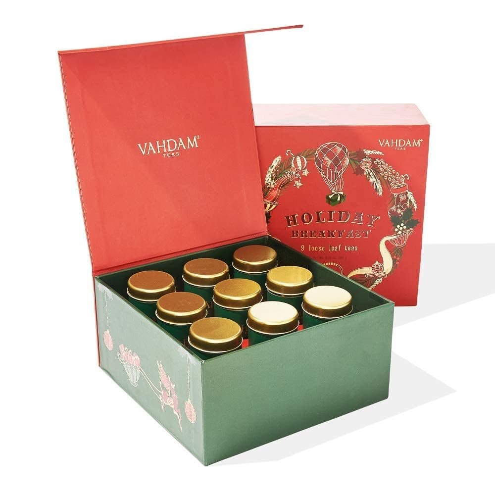 VAHDAM, Christmas Tea Gift Set (6.3oz/90+ Cups) Holiday Breakfast Tea, 9 Loose Leaf Tea In a Luxury Gift Box | Christmas Gifts For Women & Men, Holiday Tea Gift Box
