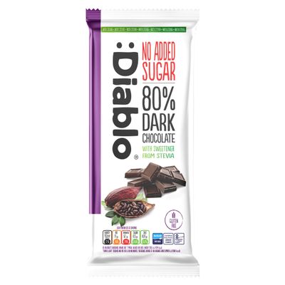 Diablo No Added Sugar 80% Dark Chocolate  No Added Sugar Chocolate Bar, Sweetened with Stevia, Gluten Free, Ideal for Any Occasion, Birthdays, Valentines, or Gift Hampers, 75g (Pack of 1)