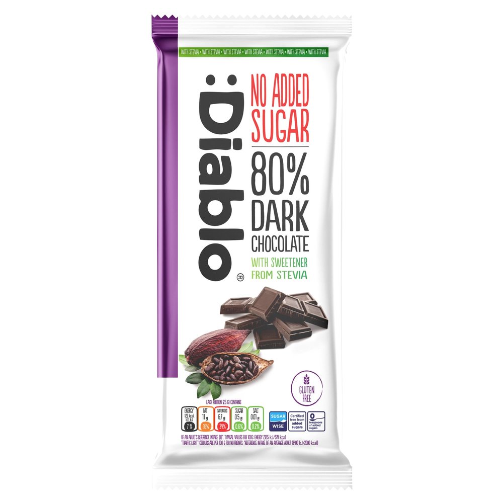 Diablo No Added Sugar 80% Dark Chocolate  No Added Sugar Chocolate Bar, Sweetened with Stevia, Gluten Free, Ideal for Any Occasion, Birthdays, Valentines, or Gift Hampers, 75g (Pack of 1)