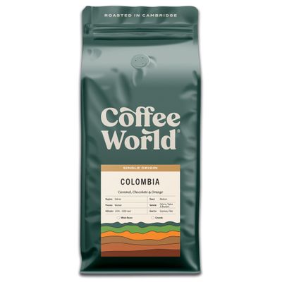 Coffee World, Colombia Single Origin, Roasted in Cambridge, Whole Coffee Beans, Retail Bag (1kg) (1KG, Caramel, Chocolate & Orange)