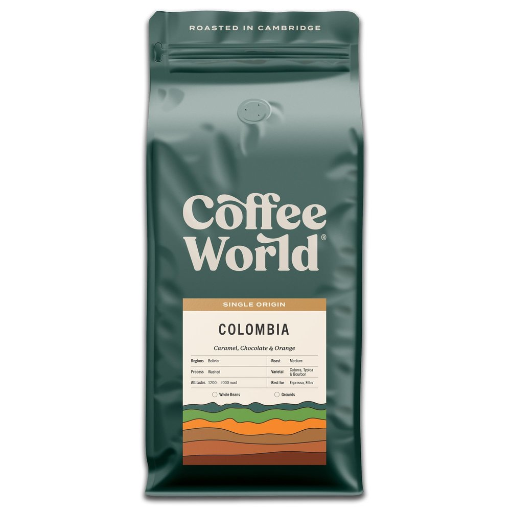 Coffee World, Colombia Single Origin, Roasted in Cambridge, Whole Coffee Beans, Retail Bag (1kg) (1KG, Caramel, Chocolate & Orange)