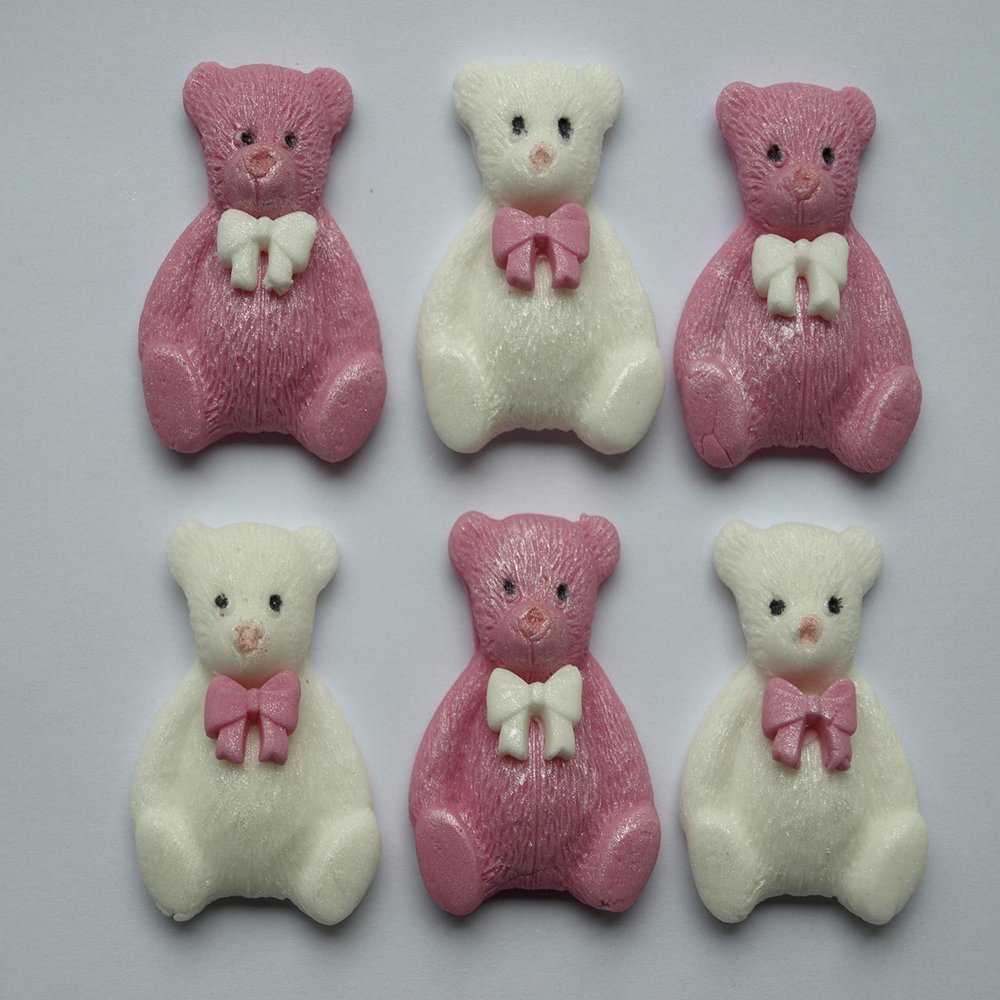 12x Teddy Bears Edible Cupcake Toppers Decorations Baby Girl Birthday, Baby Shower, Christening Pink White