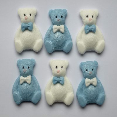 12x Edible Teddy Bears Cupcake Toppers Decorations Baby Boy Birthday, Baby Shower, Christening Blue White