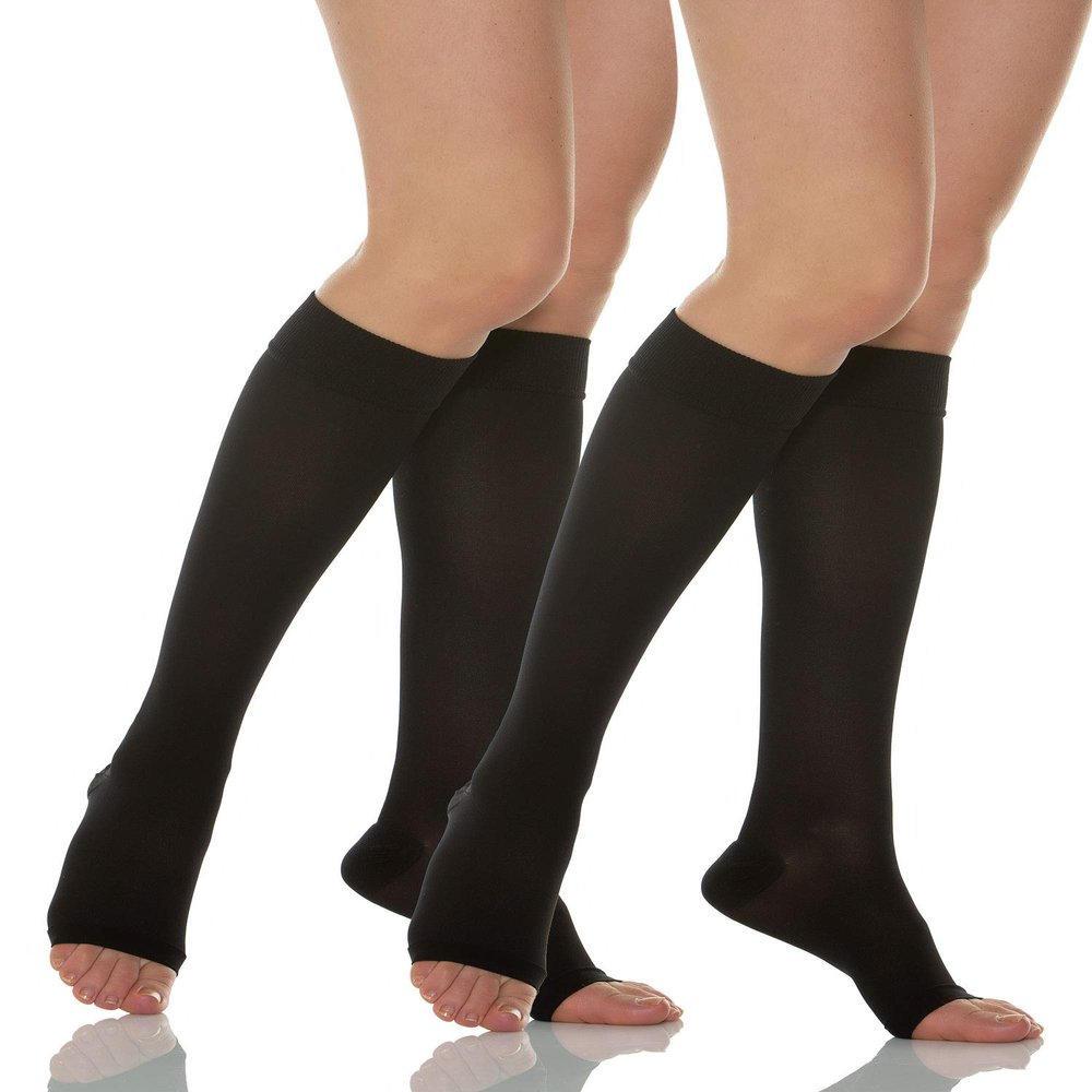 Relaxsan Basic 950A (2 Pairs - Black 2/M) Compression Socks for Women, Knee High Socks Open Toe, 22-27 mmHg