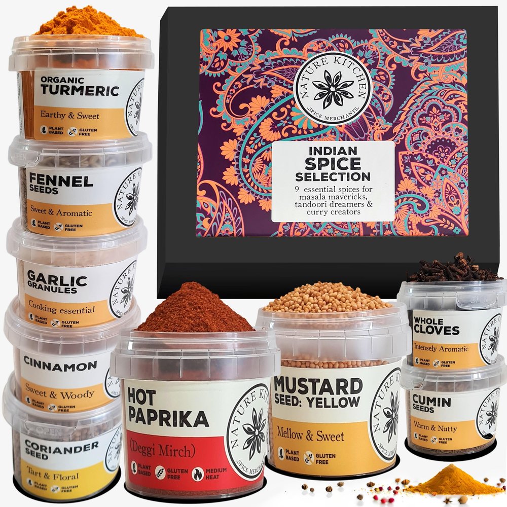 Nature Kitchen Indian Spice Box 9 Essential Spices in Airtight Jars | Garam Masala, Cumin, Turmeric, Chilli, More | Gift Set for Curry Lovers & Home Cooks