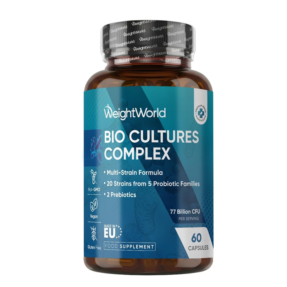Bio Cultures Complex Probiotics and Prebiotics - 77 Billion CFU - 20 Live Cultures - 60 Capsules - Strains Like Lactobacillus Acidophilus & Casei - Prebiotic and Probiotic Supplements for Women & Men