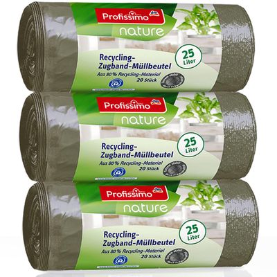 Nature Recycling Drawstring Bin Liners - 25 Litres (60 Pieces) - Made from 80% Recycled Material - Pack of 3 (3 x 20 Items) - "Blue Angel" Certificate