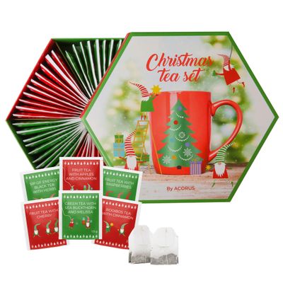 Acorus Christmas Tea Set, Natural Fruit and Herbal Tea Gift Set Christmas, 60 Tea Bags Individually Wrapped, Large Herbal Fruit Tea Selection Box, 6 Flavors in Xmas Tea Box, Tea Gifts for Tea Lovers