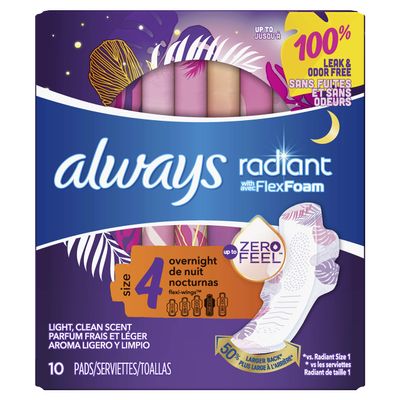 Always Radiant Pads, Size 4, Overnight Absorbency, Scented, 10 Count