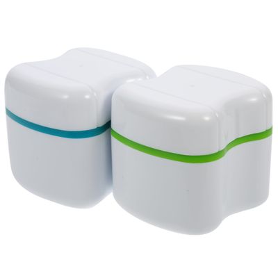 Healifty Denture Storage Box with Rinsing Basket Medical Grade Material Portable False Teeth Case Compact Dental Cleaning Box for Travel and Home 3.15X2.76X2.76 Inches