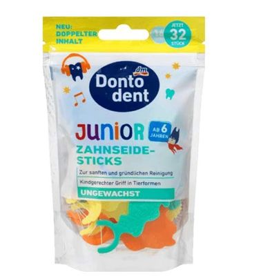 Dontodent Junior Reusable Dental Floss Sticks, 32 count, No flavor, Specially designed for children aged 6 and up