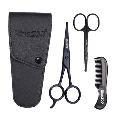 3pcs/set Beard Mustache Scissors and Comb Kit for Grooming and Trimming Facial Hair Mini Nose Scissors Portable Mustache Comb Male's Beard Care Products(black)