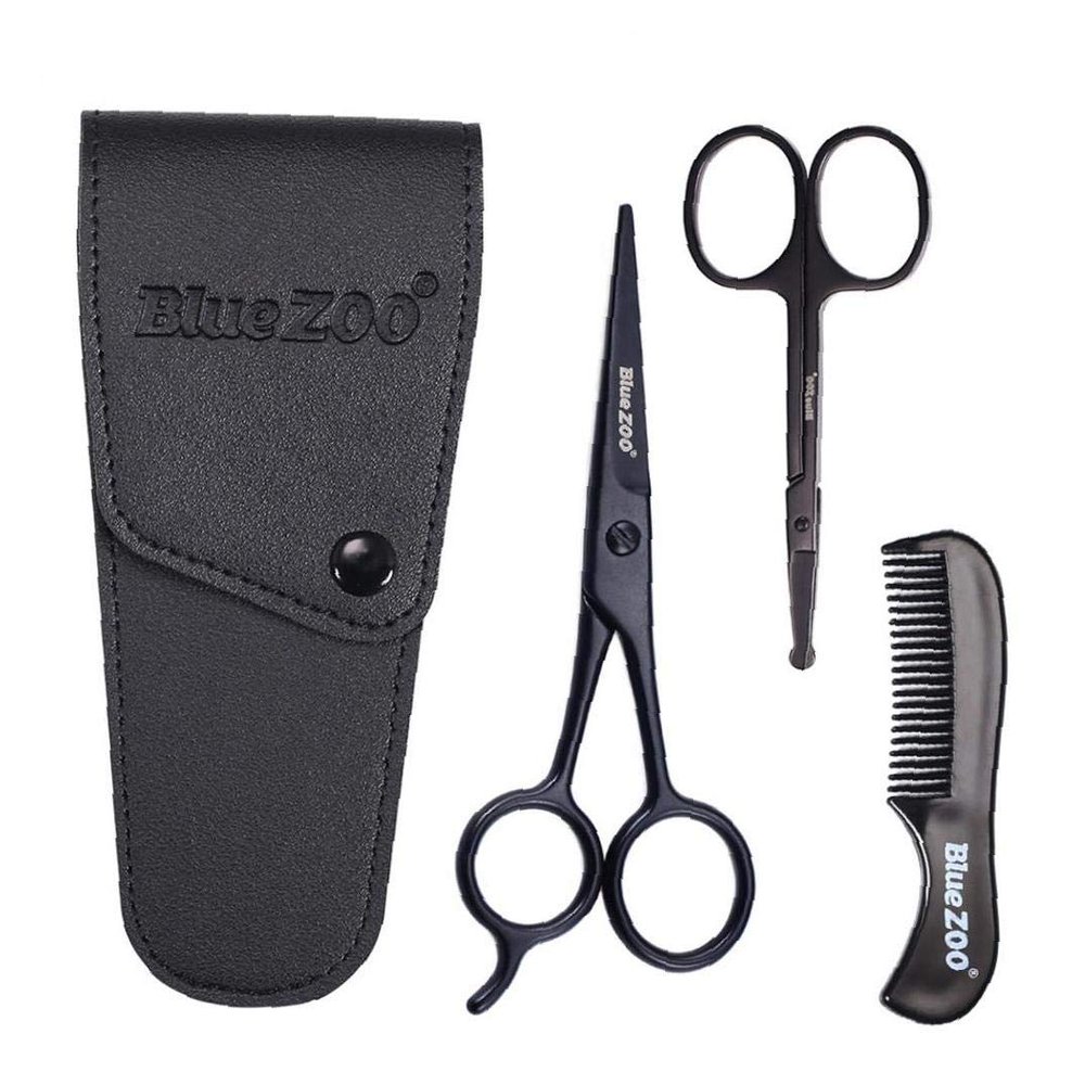3pcs/set Beard Mustache Scissors and Comb Kit for Grooming and Trimming Facial Hair Mini Nose Scissors Portable Mustache Comb Male's Beard Care Products(black)