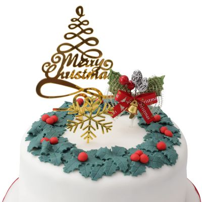 Gold Merry Christmas Cake Topper Holly Tree Snowflake Decoration Cupcake Muffin Yule Log Cupcake Toppers (3 Piece Green Holly Set)