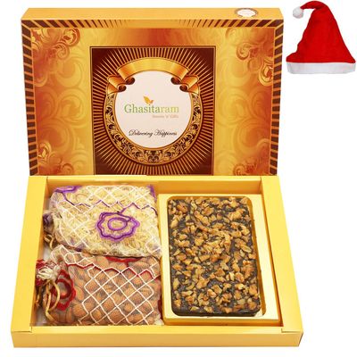 Ghasitaram Gifts Christmas Gifts Christmas Chocolates Big Box of Walnut Chocolate Bark 200 GMS, Almonds 200 GMS and Namkeen 200 GMS Pouch