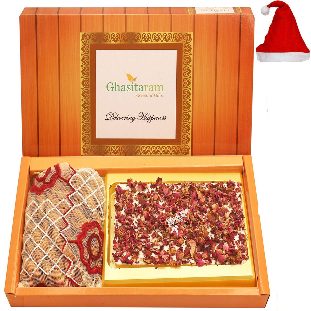 Ghasitaram Gifts Christmas Gifts Christmas Chocolates Box of White Chocolate Bark 200 GMS and Almonds 200 GMS Pouch