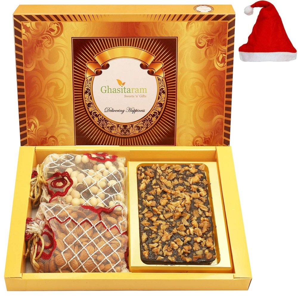 Ghasitaram Gifts Christmas Gifts Christmas Chocolates Big Box of Walnut Chocolate Bark 200 GMS, Almonds 200 GMS and Nutties 200 GMS Pouch