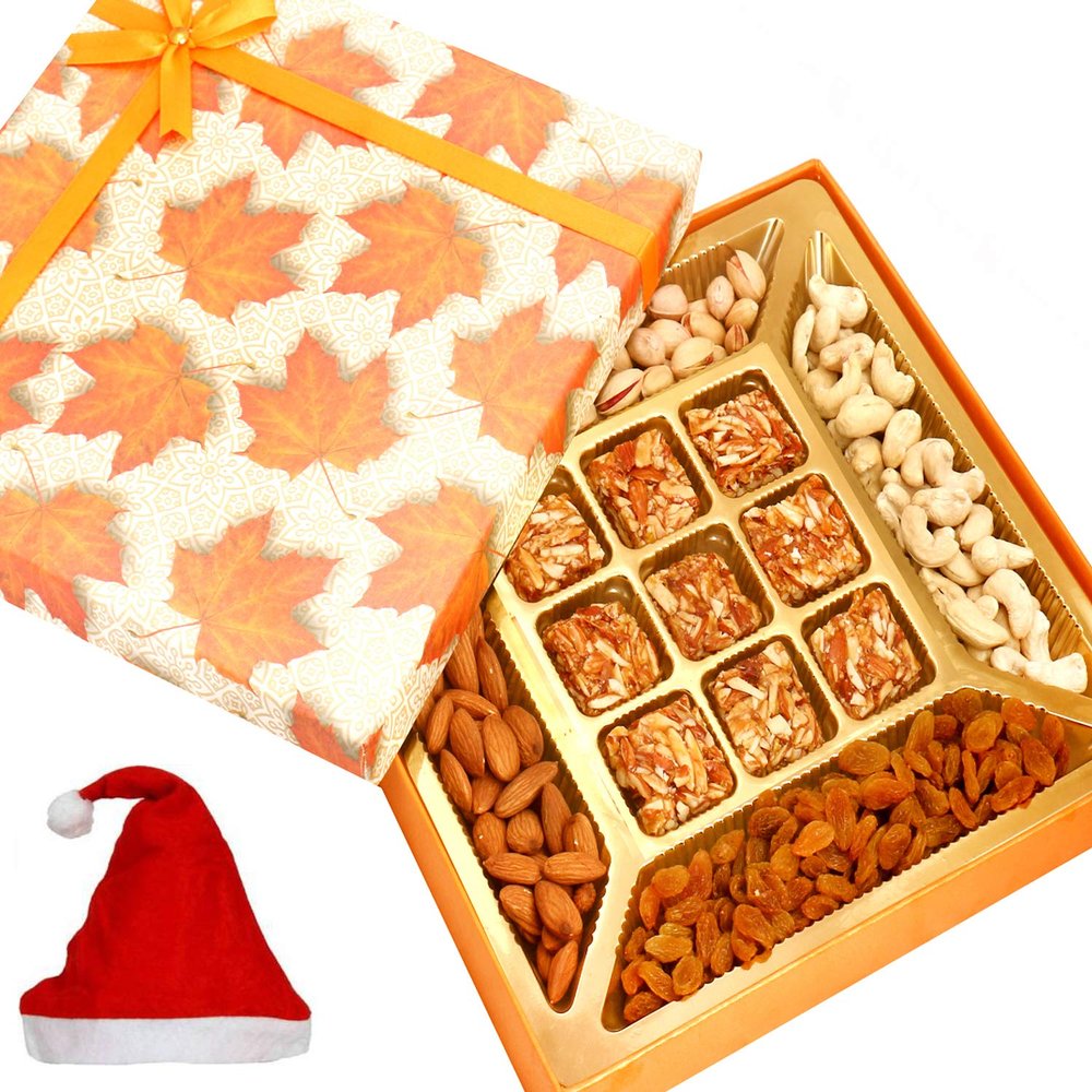 Ghasitaram Gifts Christmas Gifts - Hampers- Orange Print Dryfruits and 9 pcs Roasted Almond Bites 580 GMS Box