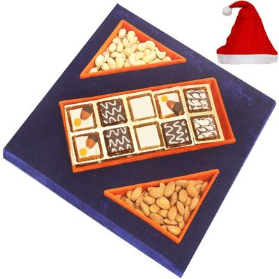 Ghasitaram Gifts Christmas Gifts - Blue Velvet Tray of Choco Dryfruit Bites 250 GMS , Almonds 100 GMS and Cashew Pouches 100 GMS