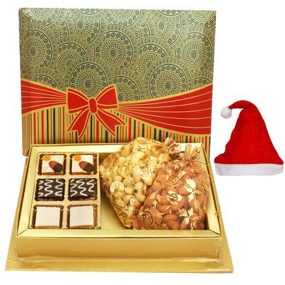 Ghasitaram Gifts Christmas Gifts - 6 Pcs Ghasitaram Special Bites 150 GMS ,Almonds 200 GMS, Cashews 200 GMS Pouches in Fancy Gift Box