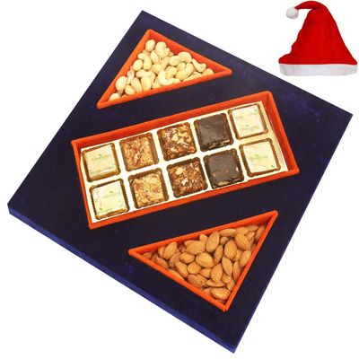 Ghasitaram Gifts Christmas Gifts - Blue Velvet Tray of Assorted Bites 250 GMS, Almonds 100 GMS and Cashew 100 GMS Pouches