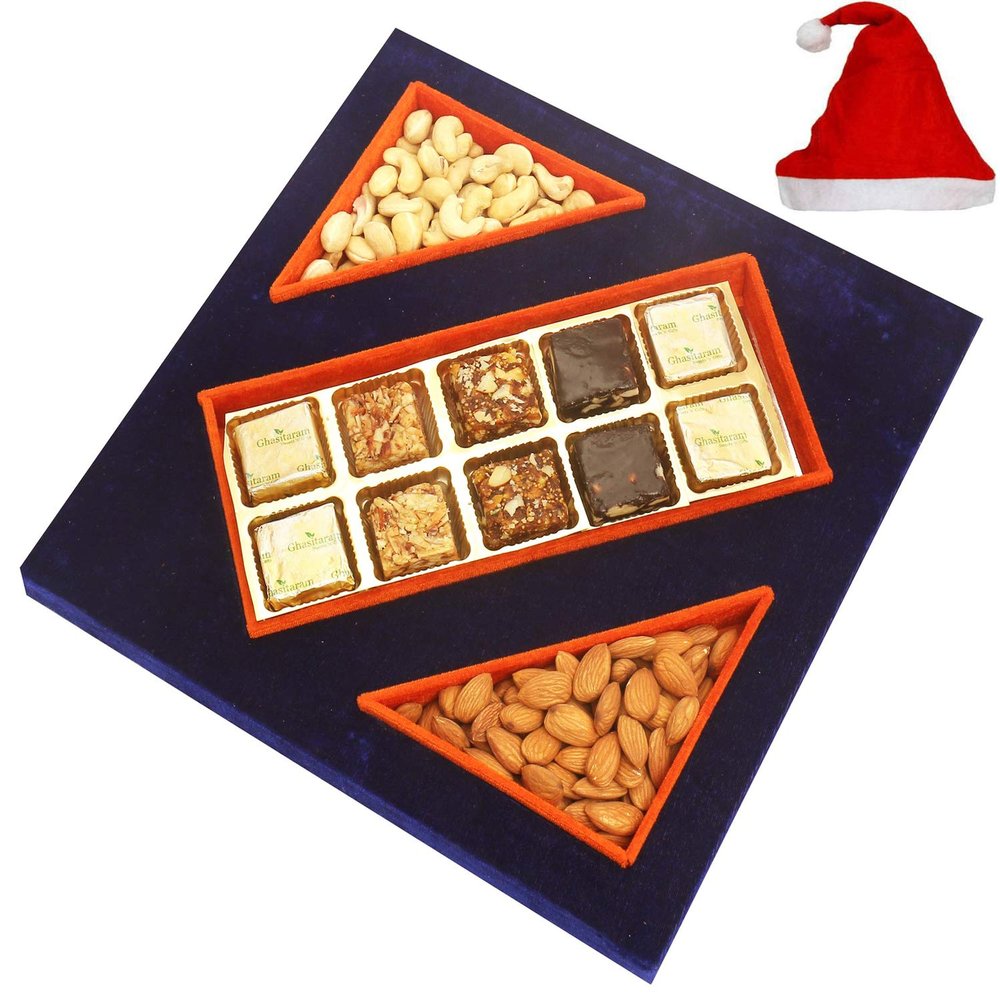 Ghasitaram Gifts Christmas Gifts - Blue Velvet Tray of Assorted Bites 250 GMS, Almonds 100 GMS and Cashew 100 GMS Pouches