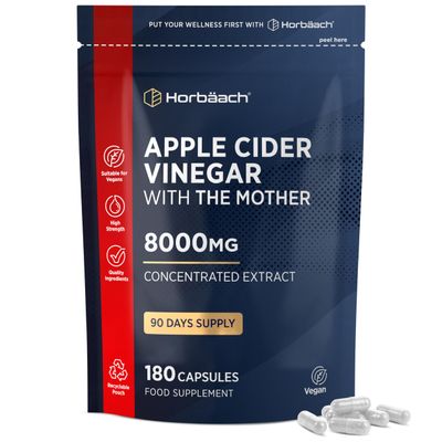 Apple Cider Vinegar Capsules with Mother 8000mg | 3-Month Supply | High Strength ACV | 180 Vegan Capsules (Not Tablets) | by Horbaach