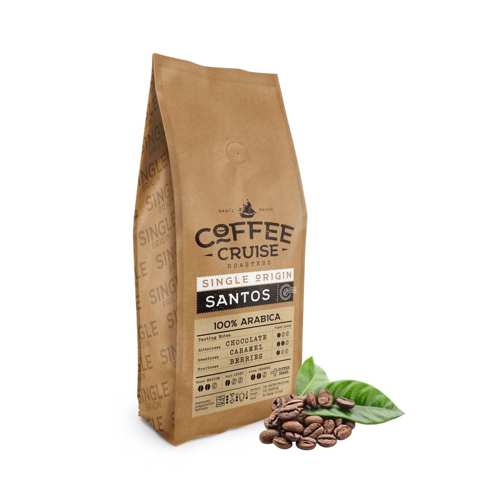 COFFEE CRUISE Santos Coffee Beans 1kg - Medium Roasting - Aroma Caramels - For All Coffee Machines - 100% Arabica