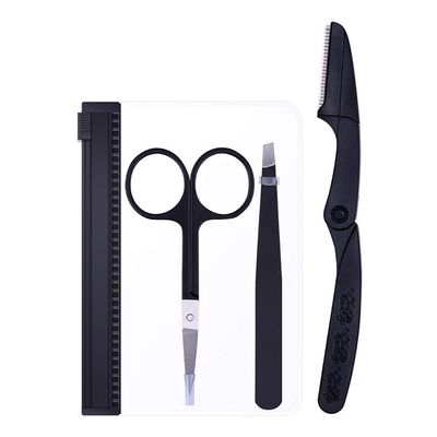 3PCS Eyebrow Grooming Set Stainless Steel Tweezers Scissors Razor Kit With Matte Finish Eyebrow Shaping Kit Trimming Tools For Men And Female(Black)