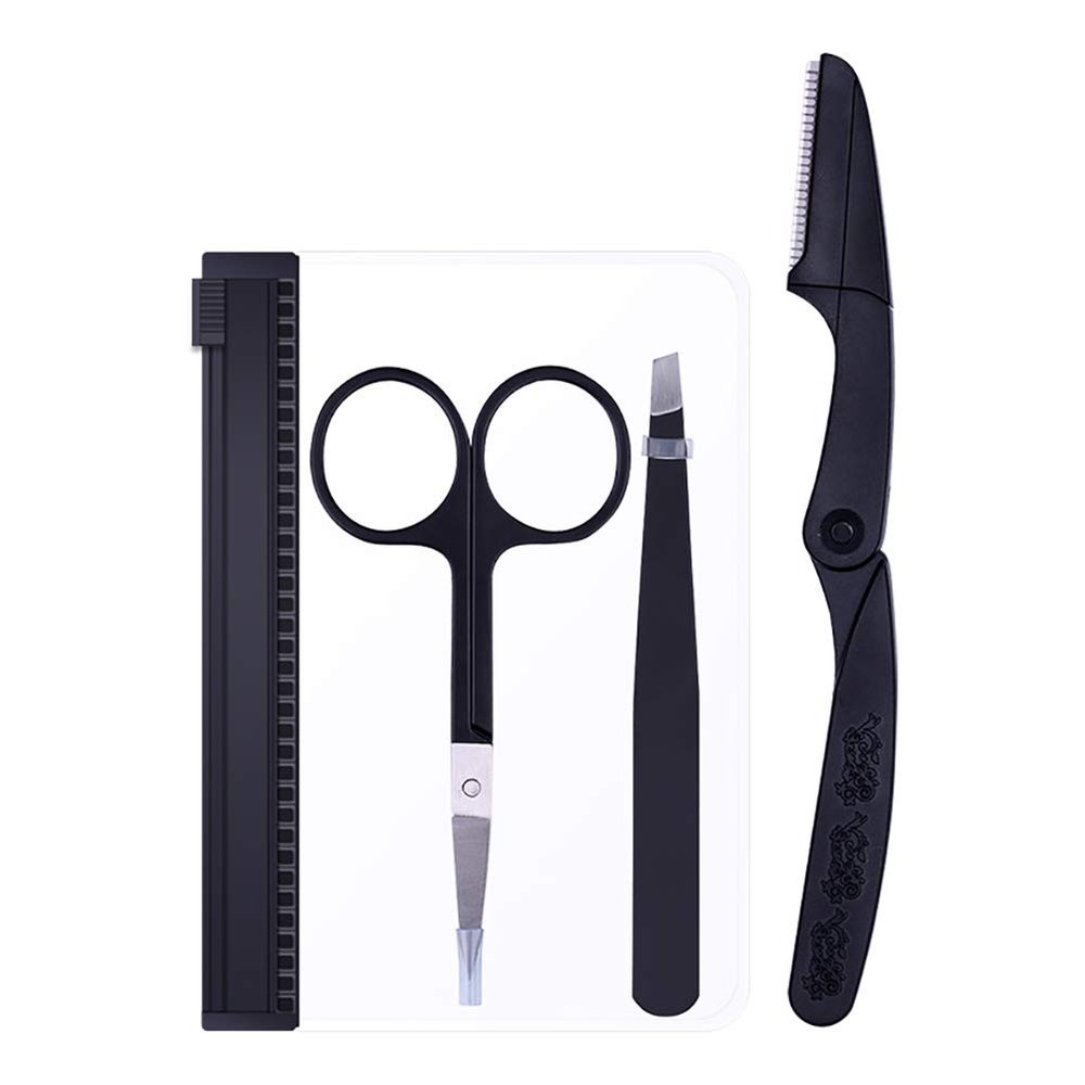 3PCS Eyebrow Grooming Set Stainless Steel Tweezers Scissors Razor Kit With Matte Finish Eyebrow Shaping Kit Trimming Tools For Men And Female(Black)