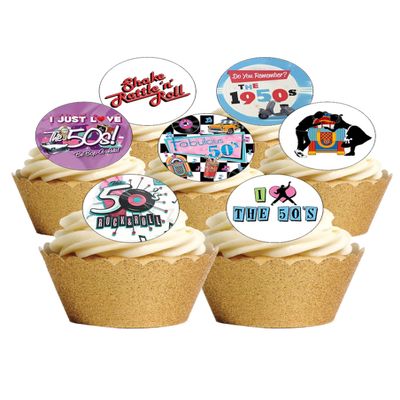 24 Precut Round The Fifties 1950's Retro Party Themed Edible Wafer paper Cake Toppers
