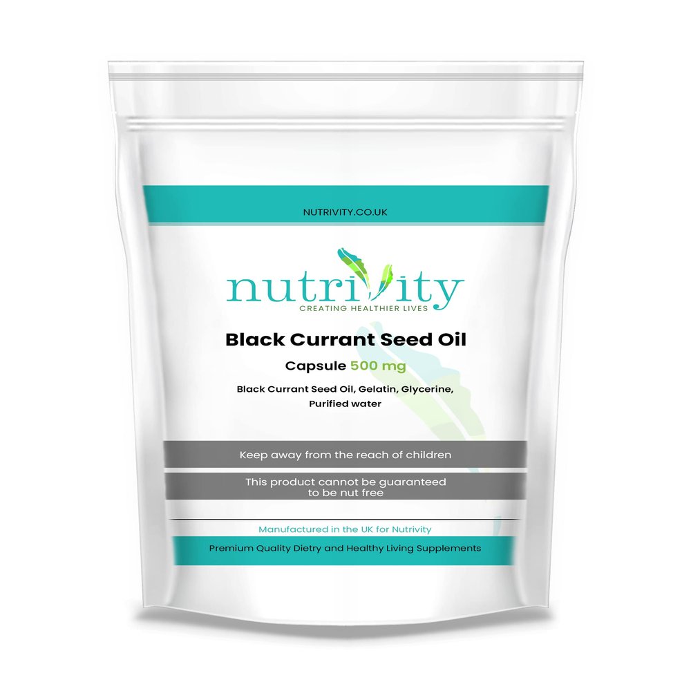 Blackcurrant Seed Oil 500mg SoftGel Omega-3, 6, and 9 Fatty Acids Healthy Skin and Hair Natural Anti-Inflammatory for Joint Pain Relief and Immune Support Manufactured in The UK by Nutrivity