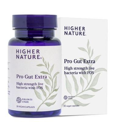 Higher Nature - Pro Gut Extra - High Strength Probiotic With Prebiotic - Multi-Strain Probiotic For Digestive System - Live Bacteria With FOS - 20 Billion CFUs - 6 Proven Strains - Vegan - 30 Capsules