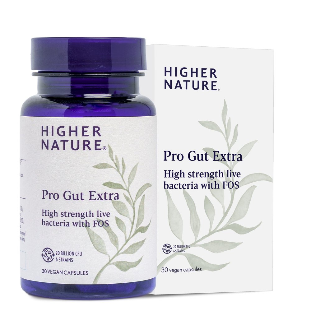 Higher Nature - Pro Gut Extra - High Strength Probiotic With Prebiotic - Multi-Strain Probiotic For Digestive System - Live Bacteria With FOS - 20 Billion CFUs - 6 Proven Strains - Vegan - 30 Capsules