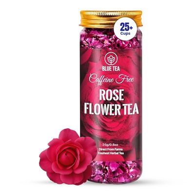 BLUE TEA - Rose Tea - 25 Grams | FARM PACKED | Grade A - Natural Sun Dried Rose Flower Petals | Caffeine Free Herbal Tea - Recycled Food Grade Pet Jar |