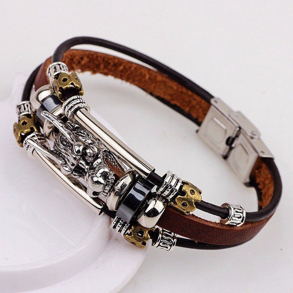 AchidistviQ Men's Vintage Punk Faux Leather Bracelet Dragon Head Charm Multilayer Bangle