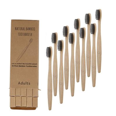 Bamboo Toothbrushes, Charcoal Bamboo Toothbrushes Medium to Soft Fibre Bristle Biodegradable Family Pack of 10, Eco Friendly BPA Free Natural Wooden Handle Toothbrush for Adults/Children