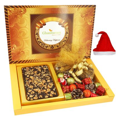 Ghasitaram Gifts Christmas Gifts Big Box of Walnut Chocolate Bark, Plum Cake and Christmas Dcor