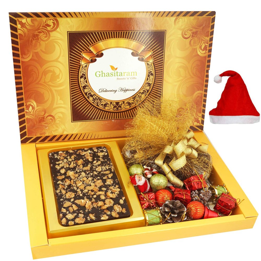 Ghasitaram Gifts Christmas Gifts Big Box of Walnut Chocolate Bark, Plum Cake and Christmas Dcor