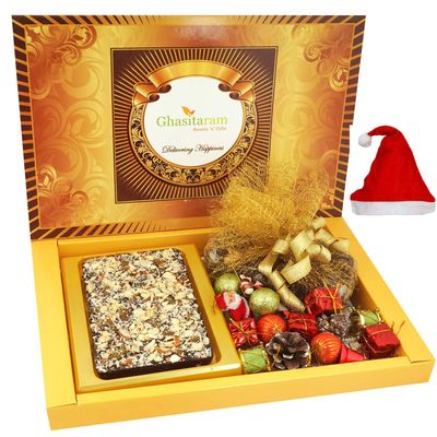 Ghasitaram Gifts Christmas Gifts Big Box of Dryfruit Chocolate Bark, Plum Cake and Christmas Dcor