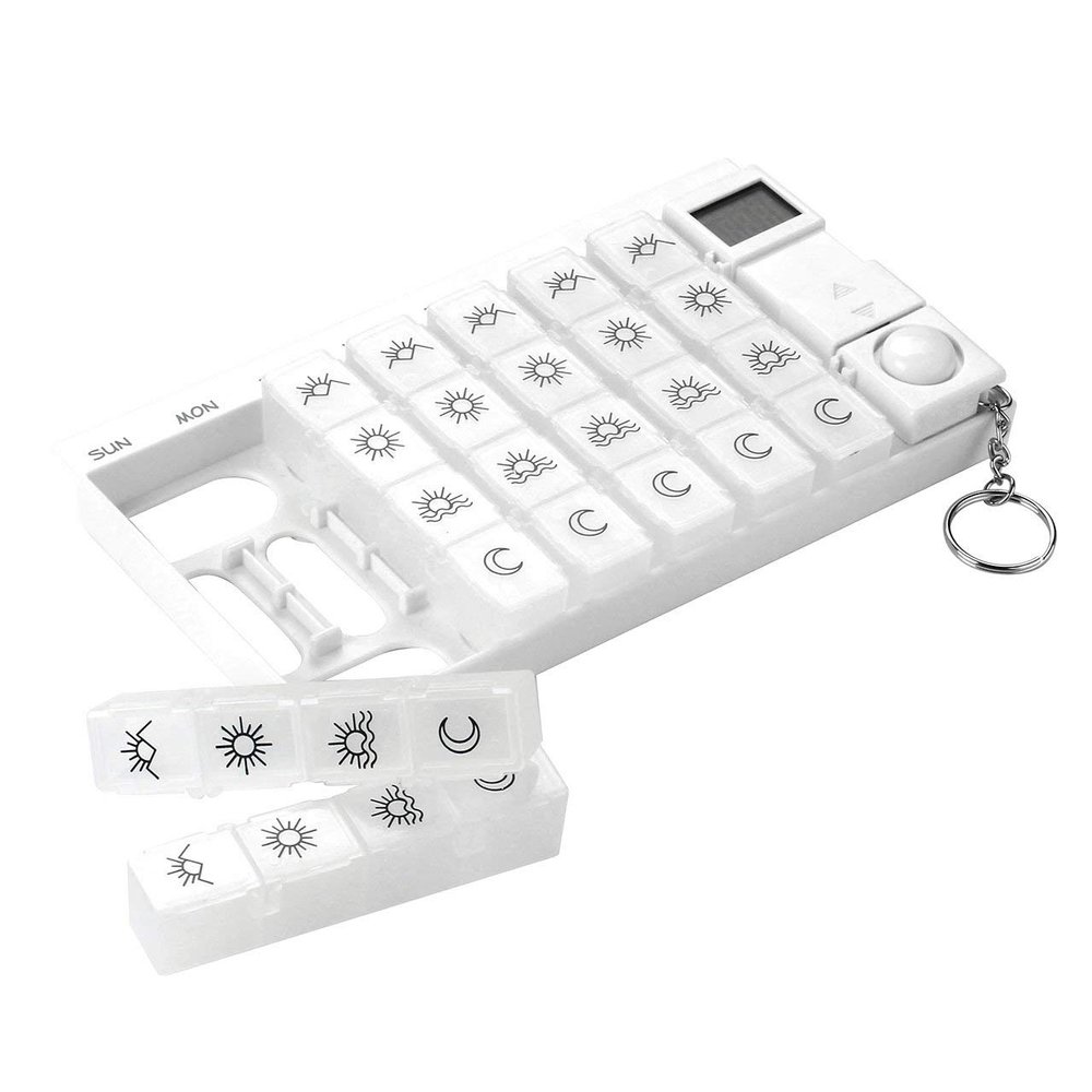 GHzzY Weekly Pill Box with Timer Reminder - 7-Day 28 Compartment Pill Container for Home & Travel - Medicine Organizer with Alarm,White