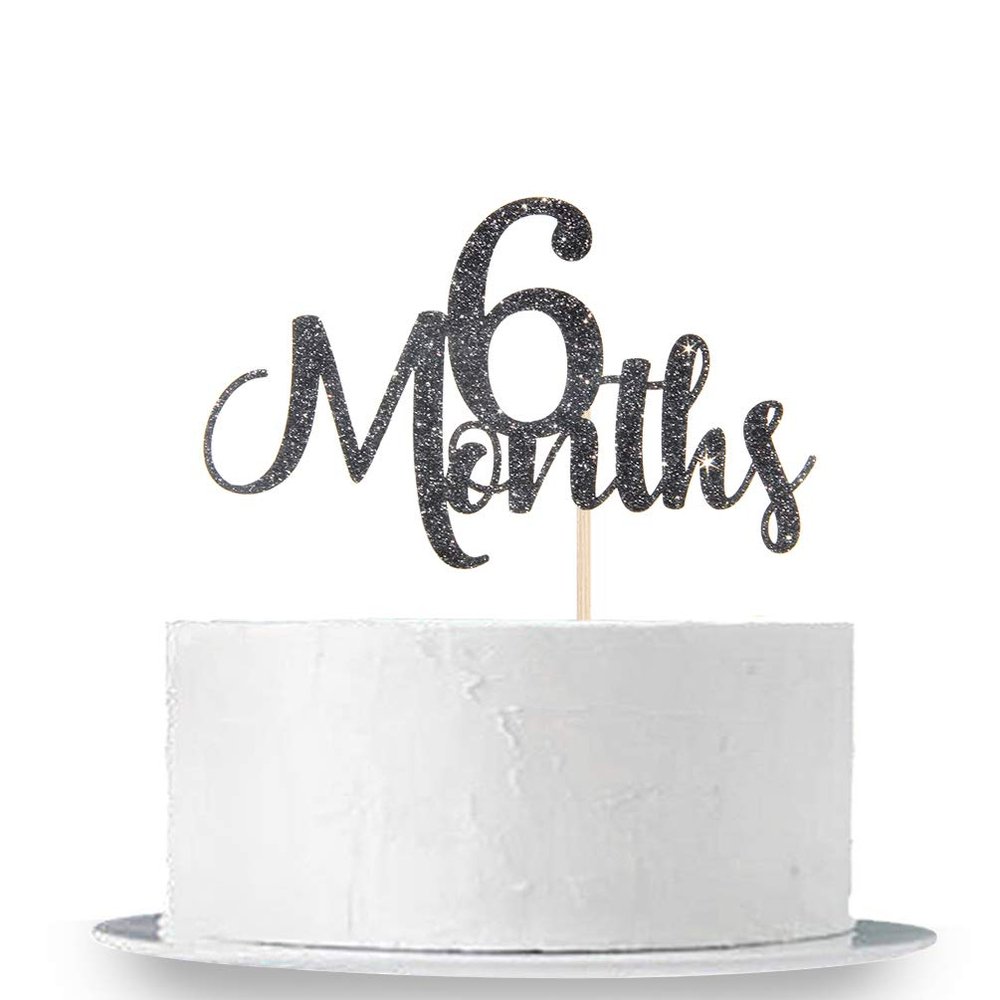 6 Months Cake Topper, Black Glitter Baby 1/2 Birthday Cake Topper, 100 Days, Baby Shower Party Decorations