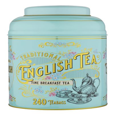 New English Teas Vintage Victorian Tea Tin with 240 English Breakfast Teabags for Tea Lovers, Forget Me Not Florals and Classic Tea Set Design