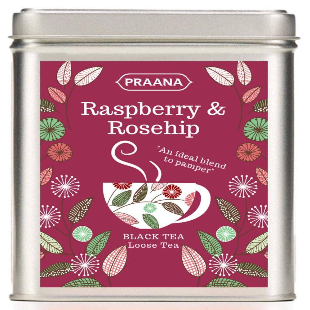 PRAANA TEA - Ceylon Black Tea with Real Rosehip and Raspberry Pieces - 100g