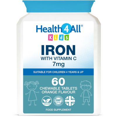 Health4All Kids Iron 60 Chewable Tablets 2 Months Supply, Vegan Sugar-Free Iron Supplement for Children 4+ Supports Learning, Growth & Immune System, Natural Orange Flavour, Made in UK (not Gummies)