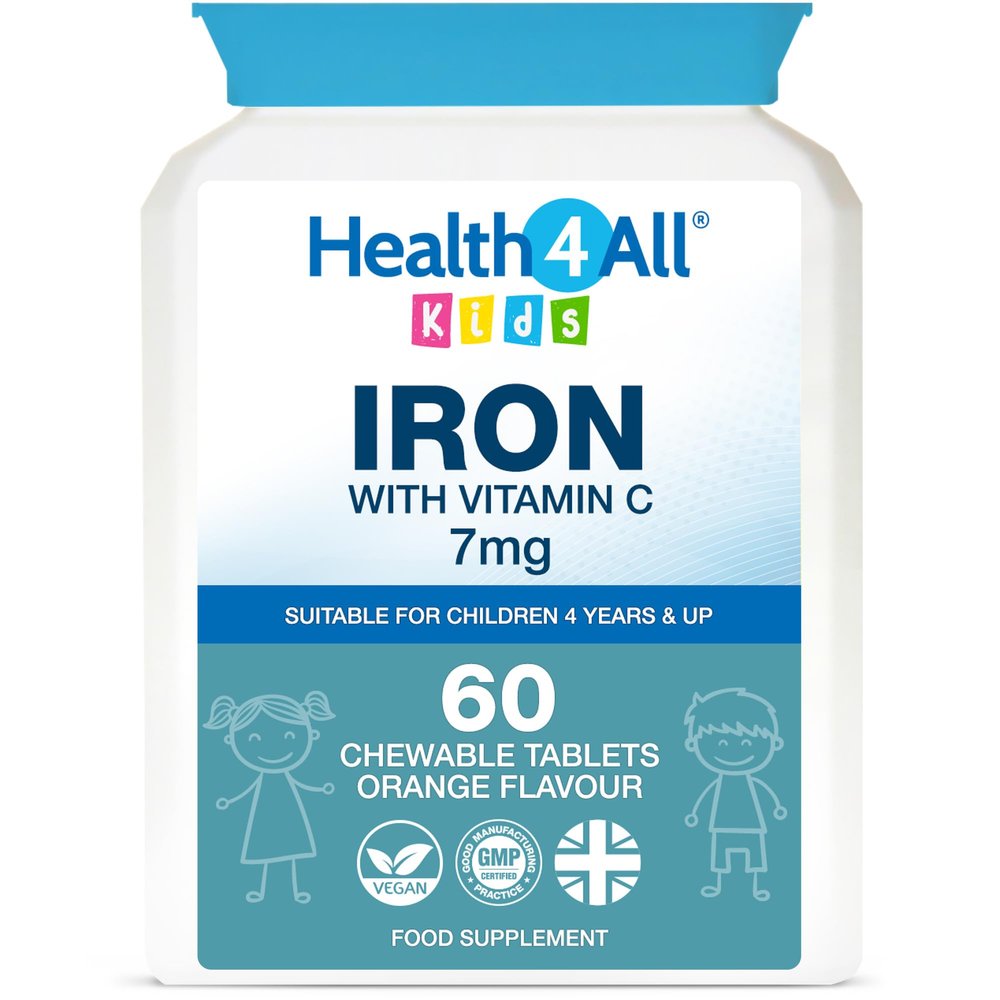 Health4All Kids Iron 60 Chewable Tablets 2 Months Supply, Vegan Sugar-Free Iron Supplement for Children 4+ Supports Learning, Growth & Immune System, Natural Orange Flavour, Made in UK (not Gummies)