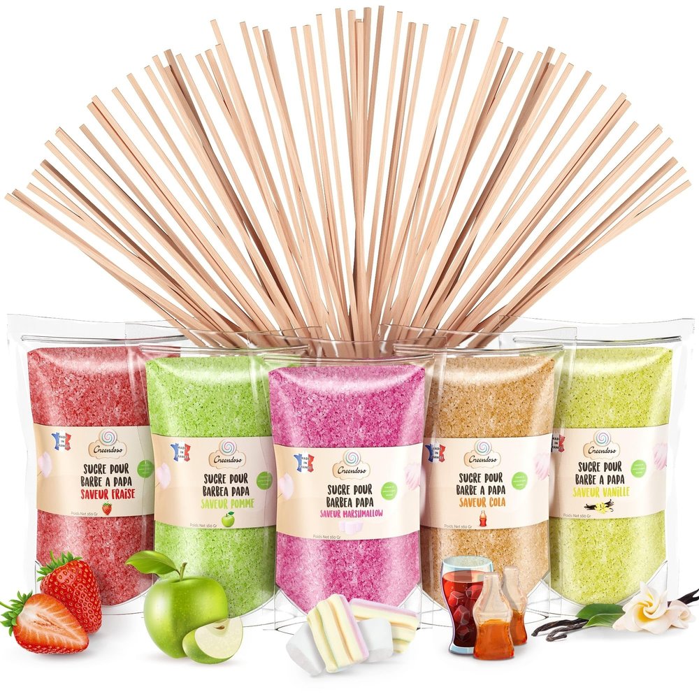 GREENDOSO Sugar For Candy Floss Machine (5x300g) - Pack of 5 Flavours (Strawberry/Cola/Apple/Marshmallow/Vanilla) - Natural Colourings & Flavours - 50 Sticks