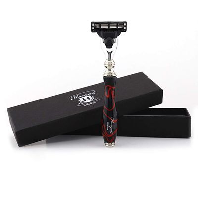Haryali London 3 Edge Shaving Razor with Red And Black Design Resin Handle Beard And Mustache Safety Razor For Men
